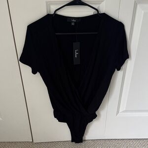 NWT Lulu's Black Wrap-Front Short Sleeve Bodysuit